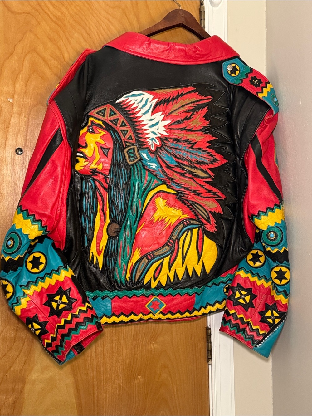 Jeff Hamilton Vibrant Multicolor Leather Motor Jackwith Native Headdress Artwork